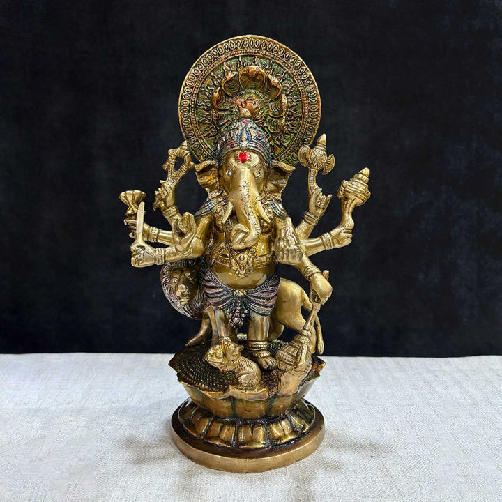 11.6 Inch brass Ganesh idol with intricate detailing, symbolizing prosperity, wisdom, and auspicious beginnings; perfect for home temple, pooja decor, or gifting. India’s Largest Pooja Accessories Brand – www.satvikworld.com