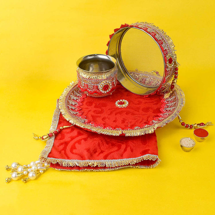 11 Pc Elegant Red Embroidery Karwa Chauth Thali Set with Sieve, Kalash, Cover and Full Puja Kit. India’s Largest Pooja Accessories Brand - www.satvikworld.com