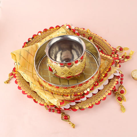 11 Pc Golden and Red Embroidery Karwa Chauth Thali Set with Channi, Kalash, Thali Cover and Complete Puja Accessories. India’s Largest Pooja Accessories Brand - www.satvikworld.com