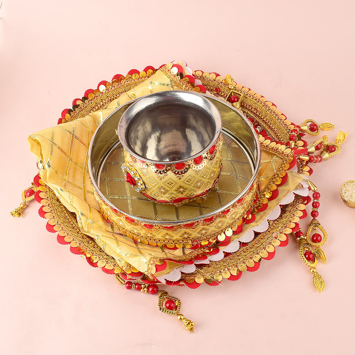 11 Pc Golden and Red Embroidery Karwa Chauth Thali Set with Channi, Kalash, Thali Cover and Complete Puja Accessories. India’s Largest Pooja Accessories Brand - www.satvikworld.com