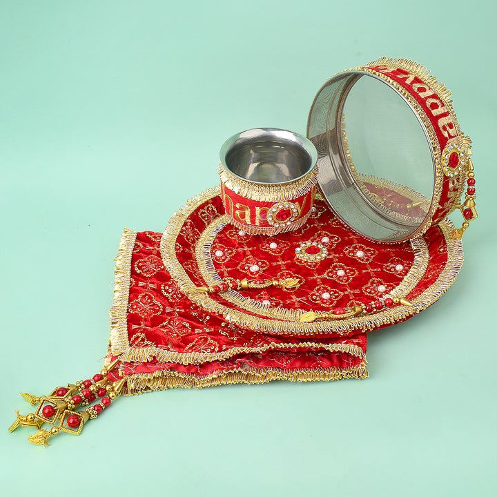 11 Pc Red Embroidery Karwa Chauth Thali Set with Cover, Channi, Kalash, and Full Puja Kit. India’s Largest Pooja Accessories Brand - www.satvikworld.com