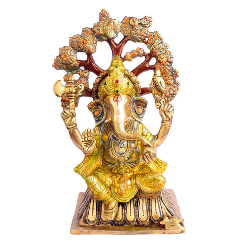 14.2 Inch Lord Ganesha Sitting Under Tree Brass Murti featuring Ganesh Ji in a blessing pose, ideal for home temples, pooja rooms, and spiritual decor. India’s Largest Brass Idols Brand - www.satvikstore.in