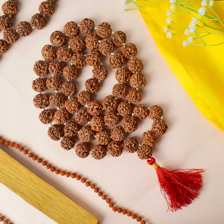Certified 5 Mukhi Rudraksha Mala with dark brown beads for meditation, stress relief, and spiritual growth. India’s Premium Rudraksha Jap Mala Store- www.satvikworld.com