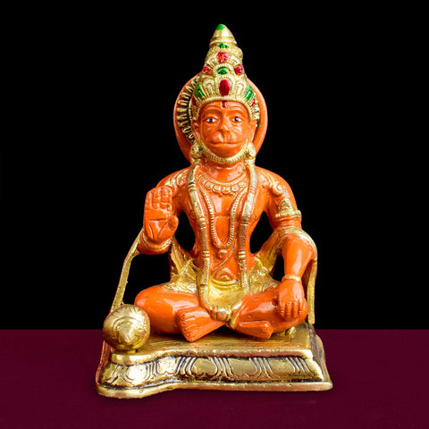 6.3 Inch Sitting Kesari Nandan Hanuman Brass Idol with fine detailing, symbolizing strength, devotion, and protection – perfect for pooja room, home temple, or as a spiritual gift. No.1 Brass Idol Store www.satvikworld.com