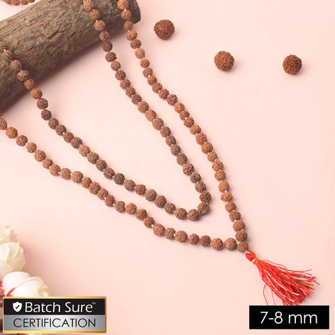 7-8mm 5 Mukhi White Knotted Rudraksha Mala with natural brown beads neatly hand-knotted for daily Jaap, meditation, and spiritual rituals. India’s Premium Jap Mala Store - www.satvikworld.com