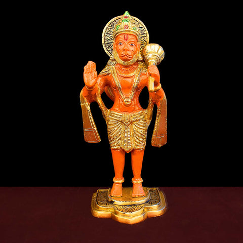 9 Inch Kesari Hanuman Standing Brass Idol with fine detailing, symbolizing strength, devotion, and protection – perfect for pooja room, home temple, or as a spiritual gift. No.1 Brass Idol Store www.satvikworld.com