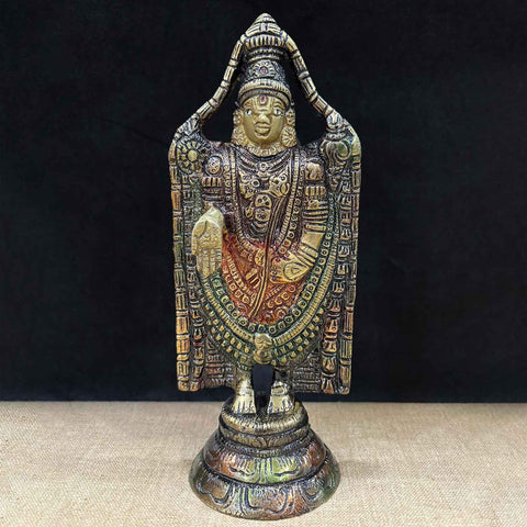 8-inch Tirupati Balaji idol in antique finish brass, showcasing Lord Venkateshwara in a divine and majestic form, symbolizing blessings and spiritual grace. Perfect for pooja rooms and spiritual spaces. India’s Largest Pooja Accessories Brand – www.satvikworld.com