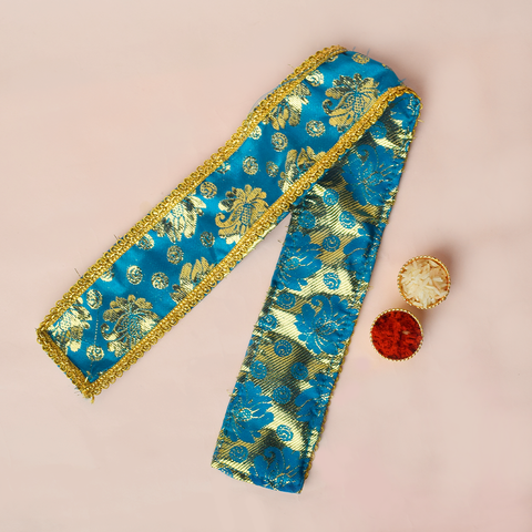 "Blue and golden designer Angvastra/Patka/Dupatta, 21-22 inches in length, featuring intricate patterns and traditional styling. India’s Largest Pooja Accessories Brand – www.satvikworld.com
