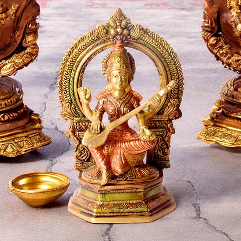 Brass Goddess Saraswati Statue handcrafted with fine detailing, showcasing the divine form of Maa Saraswati seated with a Veena, symbolizing knowledge, music, wisdom, and learning. Ideal for home temple décor, spiritual spaces, gifting, and festive celebrations like Vasant Panchami. Enhance your spiritual ambiance with this premium quality brass idol. India’s Largest Pooja Accessories Brand – www.satvikworld.com