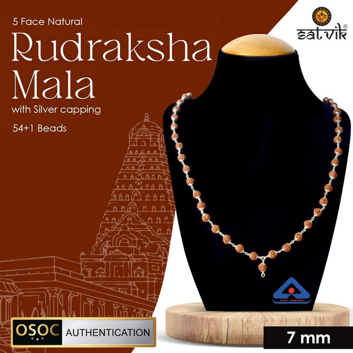 Certified 5 Mukhi Rudraksha mala with 925 silver capping for meditation, spiritual protection, and daily japa practice. India’s Premium Jap Mala Store - www.satvikworld.com