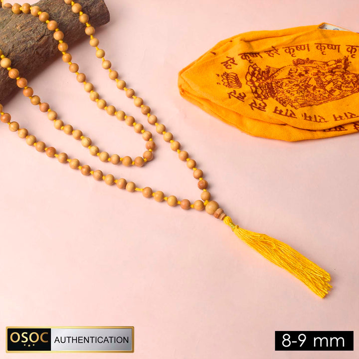Certified 9mm 100% Original Mysore White Sandalwood Jap Mala with yellow thread for peaceful japa, meditation, and spiritual practice. 
India’s Premium Jap Mala Store - www.satvikworld.com