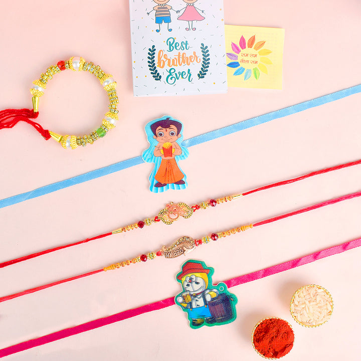 Set of 5 Designer Rakhi Threads with Roli Chawal and Ram Sita Stickers for Raksha Bandhan Celebration. India’s Largest Pooja Accessories Brand - www.satvikworld.com