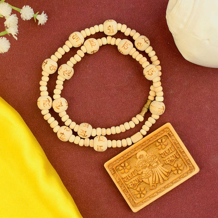 Wooden Mala with Radha Krishna Locket – devotional necklace with natural beads for chanting and spiritual connection. India’s Largest Brass Idols Brand - www.satvikworld.com