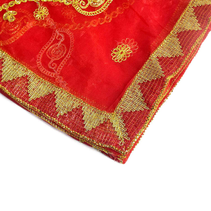 Traditional Pink Pooja Chunri with Golden Embroidered Wavy Chain Motifs – 101x214 cm (39.8x84.3 inches), ideal for Hindu rituals, temple decor, and festive celebrations like Diwali and Navratri in the USA.
