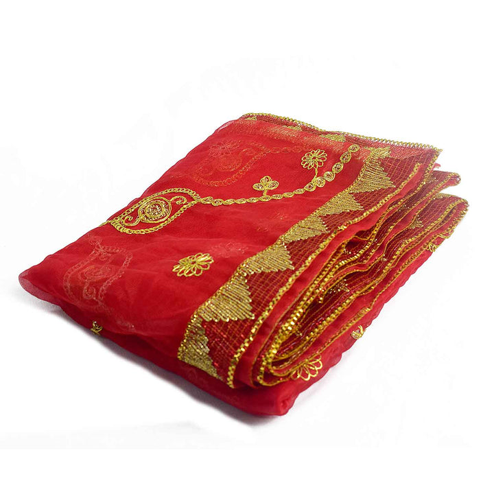 Traditional Pink Pooja Chunri with Golden Embroidered Wavy Chain Motifs – 101x214 cm (39.8x84.3 inches), ideal for Hindu rituals, temple decor, and festive celebrations like Diwali and Navratri in the USA.