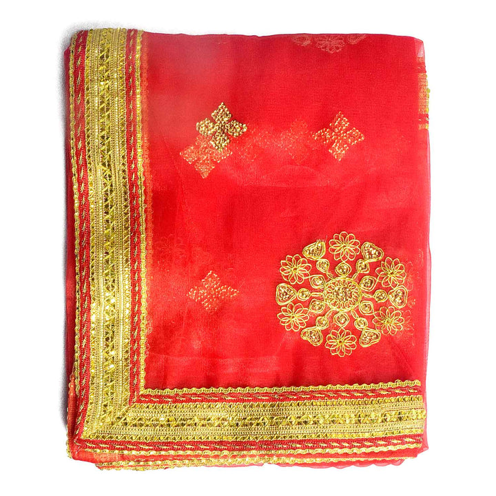 Traditional Pink Pooja Chunri with Golden Embroidered Motifs – 110x214 cm (43.3x84.2 inches), perfect for Hindu rituals, temple decor, and festive celebrations like Diwali and Navratri in the USA.