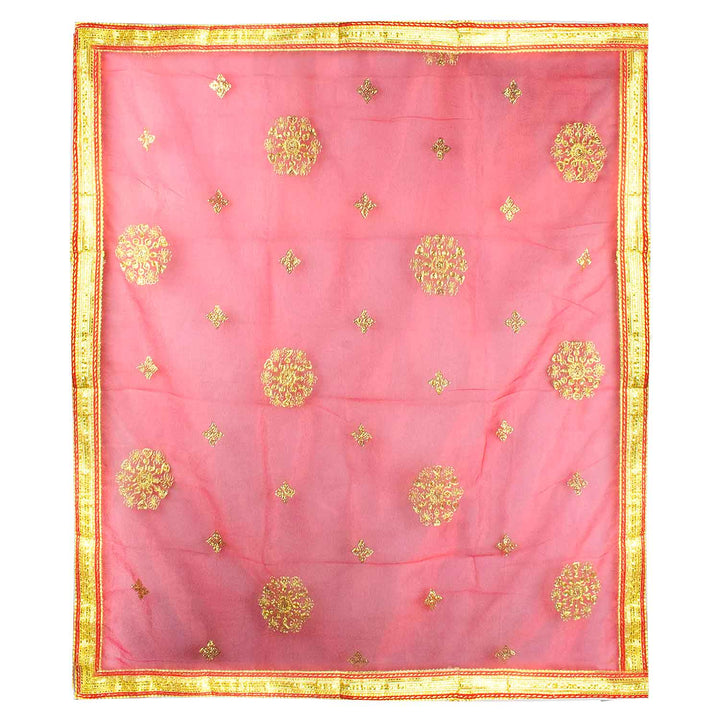 Traditional Pink Pooja Chunri with Golden Embroidered Motifs – 110x214 cm (43.3x84.2 inches), perfect for Hindu rituals, temple decor, and festive celebrations like Diwali and Navratri in the USA.