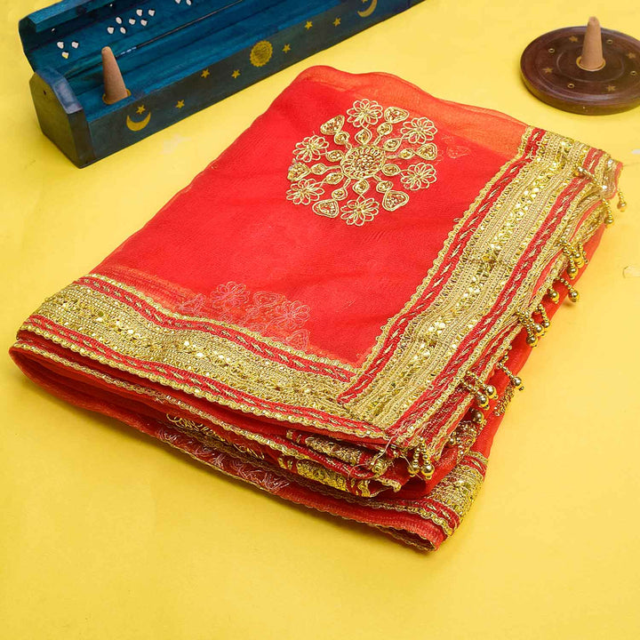 Traditional Pink Pooja Chunri with Golden Embroidered Motifs – 110x214 cm (43.3x84.2 inches), perfect for Hindu rituals, temple decor, and festive celebrations like Diwali and Navratri in the USA.