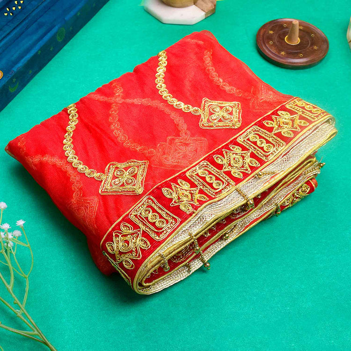 Add grace to your pooja ceremonies with this Pink and Gold Mata Chunri, measuring 214 cm x 102 cm. Adorned with gold wave patterns and a rich red border, it is perfect for Devi pooja, mandir altar decoration, and religious rituals during Navratri, Diwali, and other occasions.
Shop now at satvikworld.com for authentic Indian pooja essentials across the USA.