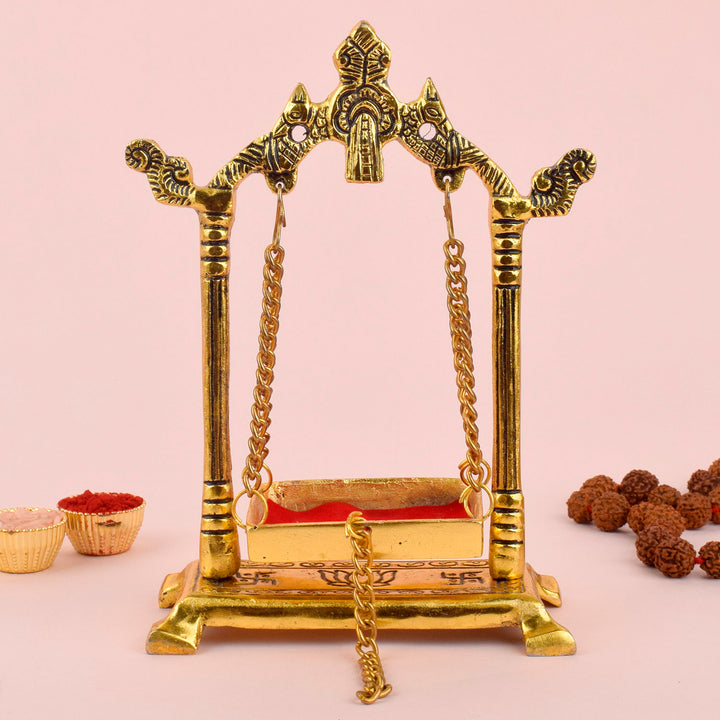 Elegant Metal Laddu Gopal Jhula for Janmashtami – intricately crafted swing for Bal Gopal idol, perfect for pooja decor and festival celebrations. India’s Largest Pooja Accessories Brand – www.satvikworld.com