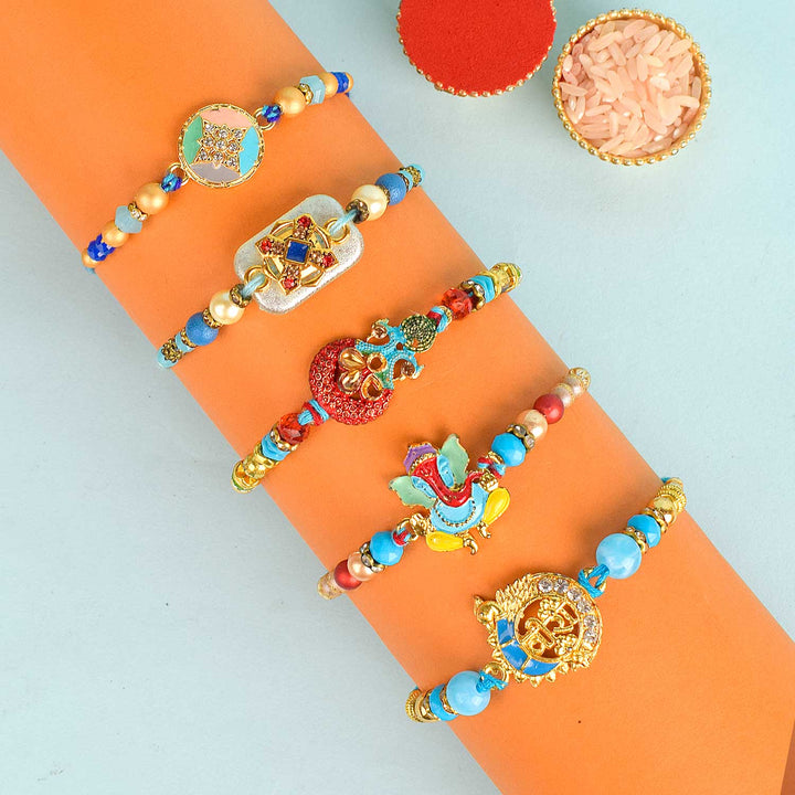 Set of 5 Designer Rakhi Threads with Roli Chawal and Ram Sita Stickers for Raksha Bandhan Celebration. India’s Largest Pooja Accessories Brand - www.satvikworld.com