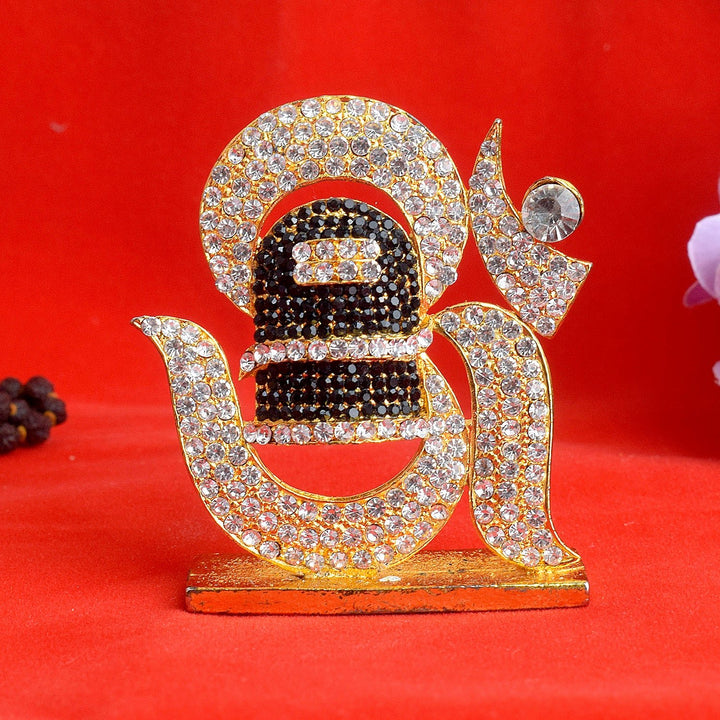 Stone Om with Shivling Statue featuring sacred Om symbol and Shivling, ideal for home temple, meditation space, and spiritual décor. India’s Largest Pooja Accessories Brand – www.satvikworld.com