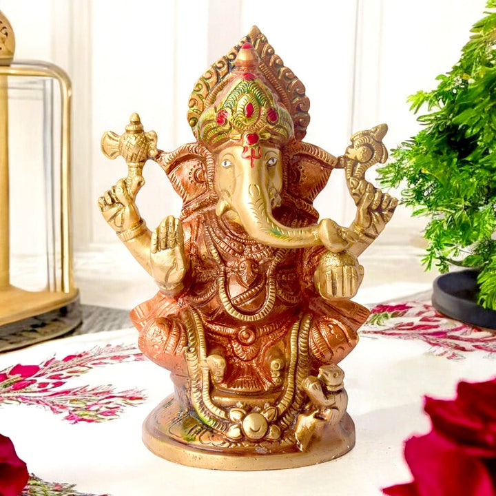 Vibrant Colored Brass Ganesh Statue - Medium – Exquisite Brass Idol of Lord Ganesh, Handcrafted with Intricate Detailing and Vibrant Colors. This Medium-Sized Statue is Perfect for Home, Temple, and Spiritual Decor. Ideal for Puja, Mandir Decoration, and Bringing Blessings of Wisdom, Prosperity, and Good Fortune to Your Space | India’s Largest Pooja Accessories Brand – www.satvikworld.com