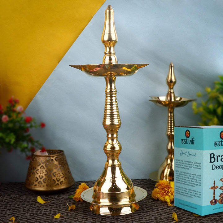14 Inch Beautiful Brass Kerala Inauguration Diya – Elegant brass diya, perfect for inaugurations, pooja ceremonies, and home decor. India’s Largest Pooja Accessories Brand – www.satvikstore.in