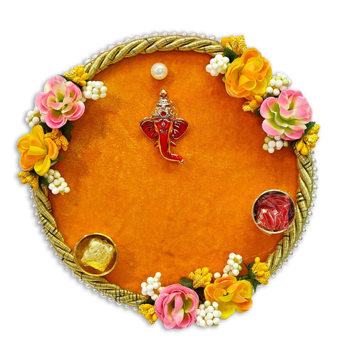 Handmade floral decorative thali with vibrant flower accents, ideal for traditional pooja and festive rituals India’s Largest Pooja Accessories Brand – www.satvikworld.com