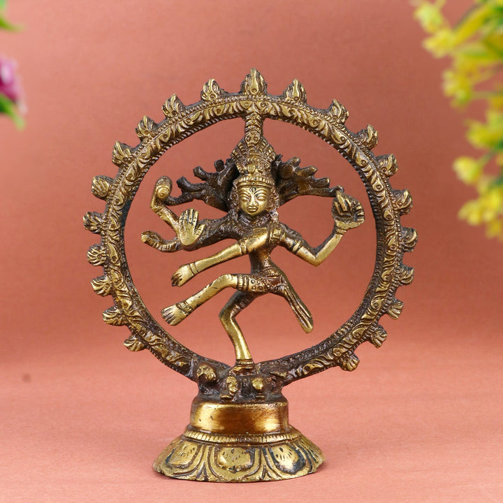 Petite brass Natraj idol, intricately crafted to capture Lord Shiva’s cosmic dance, symbolizing the cycle of creation, preservation, and destruction. Ideal for spiritual décor or worship. India’s Largest Pooja Accessories Brand – www.satvikworld.com