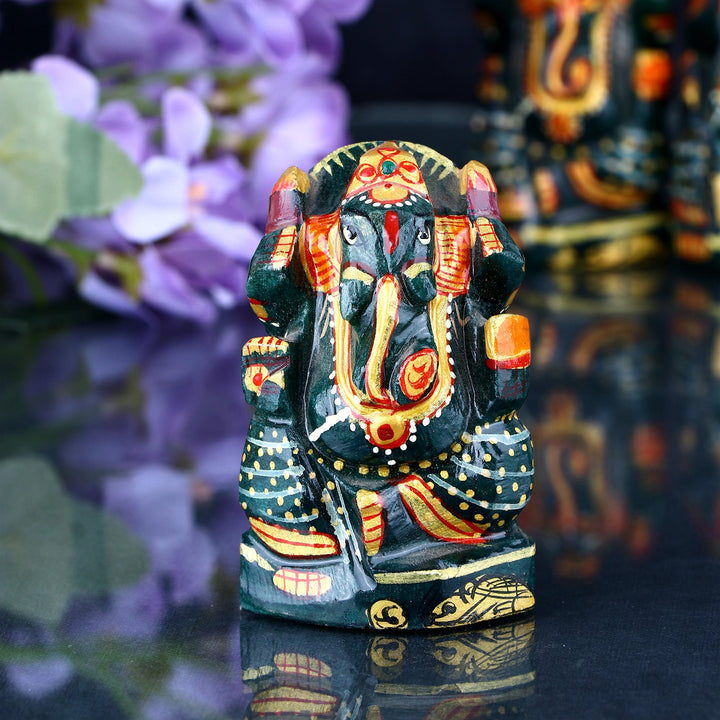 Natural hand-printed green jade stone Margaj Ganesh statue, showcasing Lord Ganesha with intricate detailing and vibrant colors, symbolizing wisdom, prosperity, and the removal of obstacles. India’s Largest Pooja Accessories Brand – www.satvikworld.com