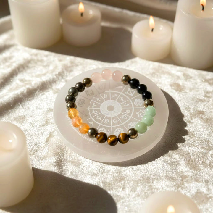 dhan yog bracelet tiger eye pyrite citrine quartz green aventurine golden pyrite selenite zodiac plate combo. India’s Largest Puja Accessories Brand- www.satvikworld.com