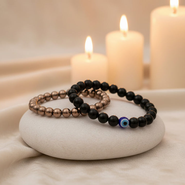 black obsidian evil eye bracelet golden pyrite bracelet protection prosperity combo. India’s Largest Puja Accessories Brand- www.satvikworld.com
