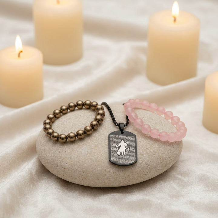 rose quartz bracelet golden pyrite bracelet black obsidian evil eye bracelet hanuman chalisa pendant love protection prosperity combo. India’s Largest Puja Accessories Brand- www.satvikworld.com