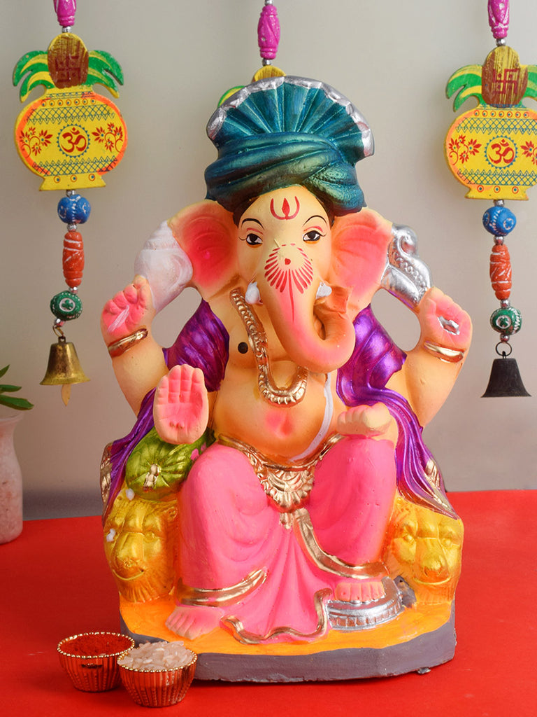 10-inch Sumukha eco-friendly Ganesha idol made of natural clay, hand-painted in vibrant colors, ideal for pollution-free Ganesh Chaturthi celebrations  India’s Largest Pooja Accessories Brand – www.satvikworld.com