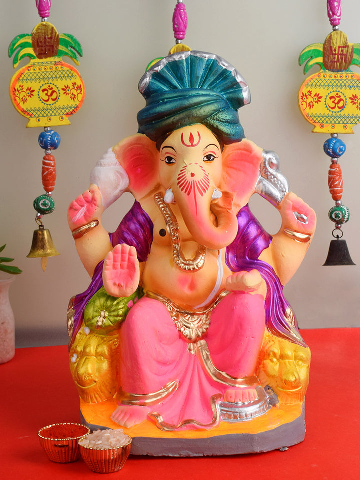 10-inch Sumukha eco-friendly Ganesha idol made of natural clay, hand-painted in vibrant colors, ideal for pollution-free Ganesh Chaturthi celebrations  India’s Largest Pooja Accessories Brand – www.satvikworld.com