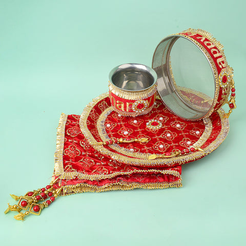 11 Pc Red Embroidery Karwa Chauth Thali Set with Cover, Channi, Kalash, and Full Puja Kit. India’s Largest Pooja Accessories Brand - www.satvikworld.com