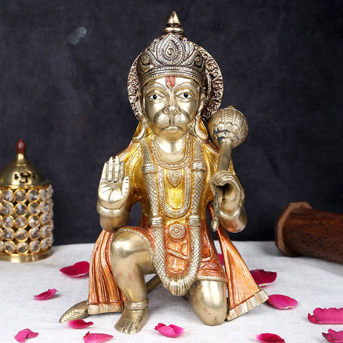 11 inch brass Hanuman idol with gadha symbolizing protection, strength, devotion, and divine blessings for home temple and pooja. No.1 Brass Idol Store www.satvikworld.com
