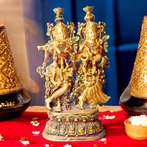12.5 Inches Vibrant Colored Radha Krishna Brass Idol