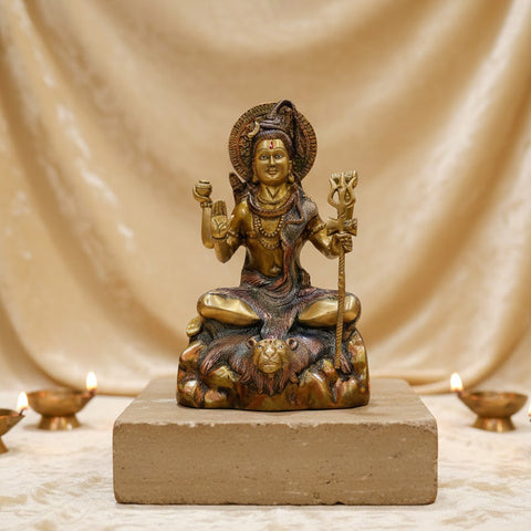 13.5 Inch Elegant Lord Shiva Sculpture – A stunning brass sculpture of Lord Shiva in a graceful pose, symbolizing power and tranquility. Perfect for temple altars, spiritual home decor, and worship spaces. India’s Largest Pooja Accessories Brand – www.satvikworld.com