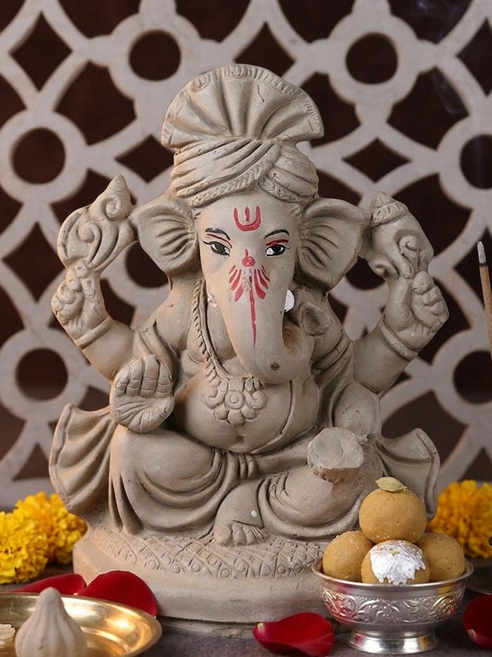 6 Inch Traditional Eco-Friendly Natural Clay Ganesha Idol with Pagdi
