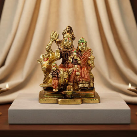 4-inch brass Shiv Parivaar statue, intricately crafted to depict the complete Lord Shiva family, including Lord Shiva, Goddess Parvati, Lord Ganesha, and Lord Kartikeya. Ideal for worship, home temples, or as a spiritual gift. India’s Largest Pooja Accessories Brand – www.satvikworld.com