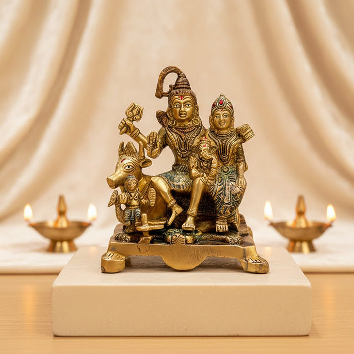 7.5 Inch Elegant Brass Shiva Family Statue – A Beautiful Representation of Lord Shiva, Goddess Parvati, Lord Ganesha, and Lord Kartikeya, Symbolizing Divine Unity and Family Blessings. This Exquisite Brass Idol is Crafted with Intricate Detailing, Making it Perfect for Worship, Spiritual Decor, and Home Temple. India’s Largest Pooja Accessories Brand – www.satvikworld.com