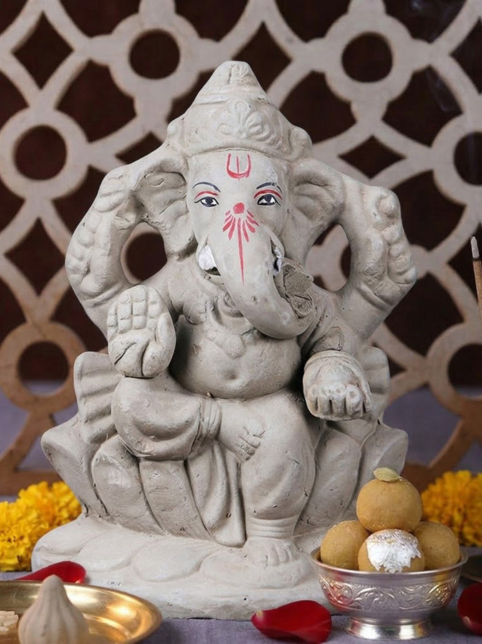 6 Inch Natural Eco Friendly Ganesha Idol Seated on Lotus Base