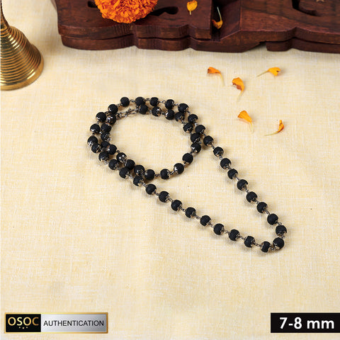 Government certified Karungali mala with silver-plated capping, designed for spiritual protection, meditation, and positive energy. India’s Premium Jap Mala Store - www.satvikworld.com