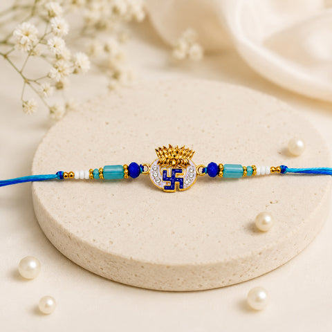 Royal Blue Swastik and Turquoise Beaded Rakhi