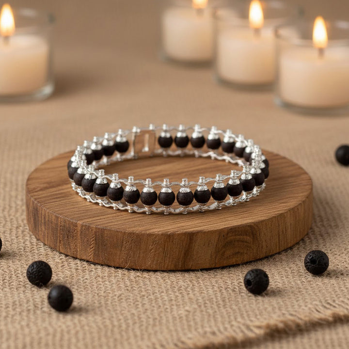 Silver Plated Karungali Bracelet with Premium PVD Coating – Spiritual Ebony Wood Wristwear for Protection and Style from Satvikstore.in India’s Largest Pooja Accessories Brand - www.satvikworld.com