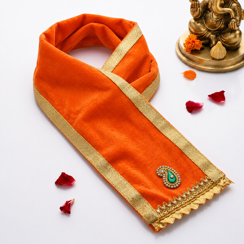 Royal Orange Velvet Ganesha Idol Patka - 31 Inch