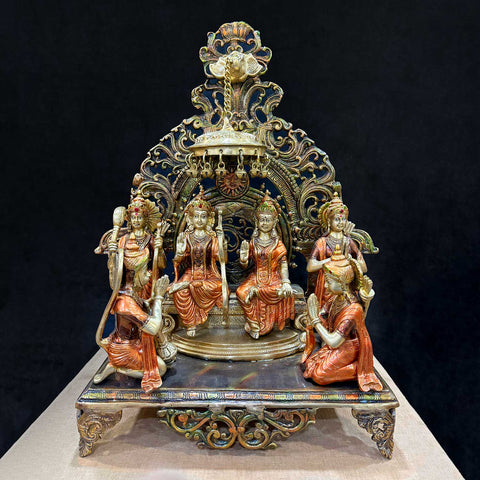 22 Inches Elegant Brass Ram Darbar Idol – A majestic and finely crafted brass idol featuring Lord Ram, Sita, Lakshman, and Hanuman, exuding divine energy. Ideal for home temples, spiritual spaces, or as a sacred decorative piece. India’s Largest Pooja Accessories Brand – www.satvikworld.com