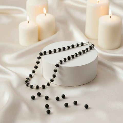 Government certified Karungali mala with silver-plated capping, designed for spiritual protection, meditation, and positive energy. India’s Premium Jap Mala Store - www.satvikworld.com